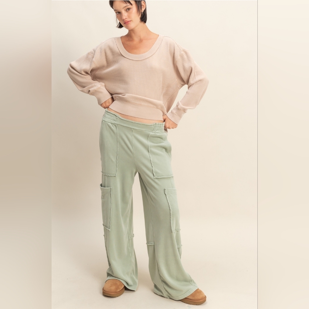 CloudDweller Sage Mineral Washed Cotton Cozy Butter Soft Wide Leg Cargo